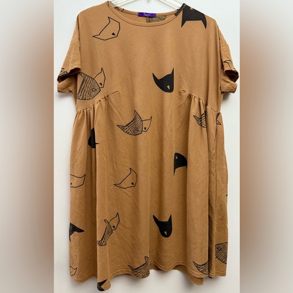 Romacci Peachy Tan and Black Abstract Cats Graphic Dress - Picture 1 of 6